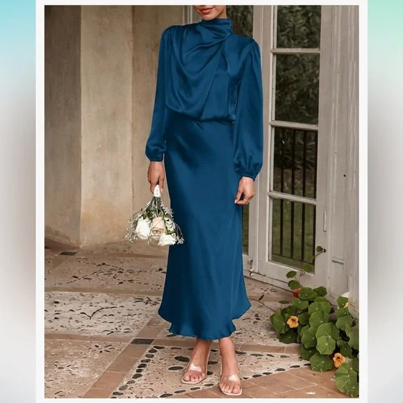 Satin Blouson Midi Dress - Picture 3 of 12